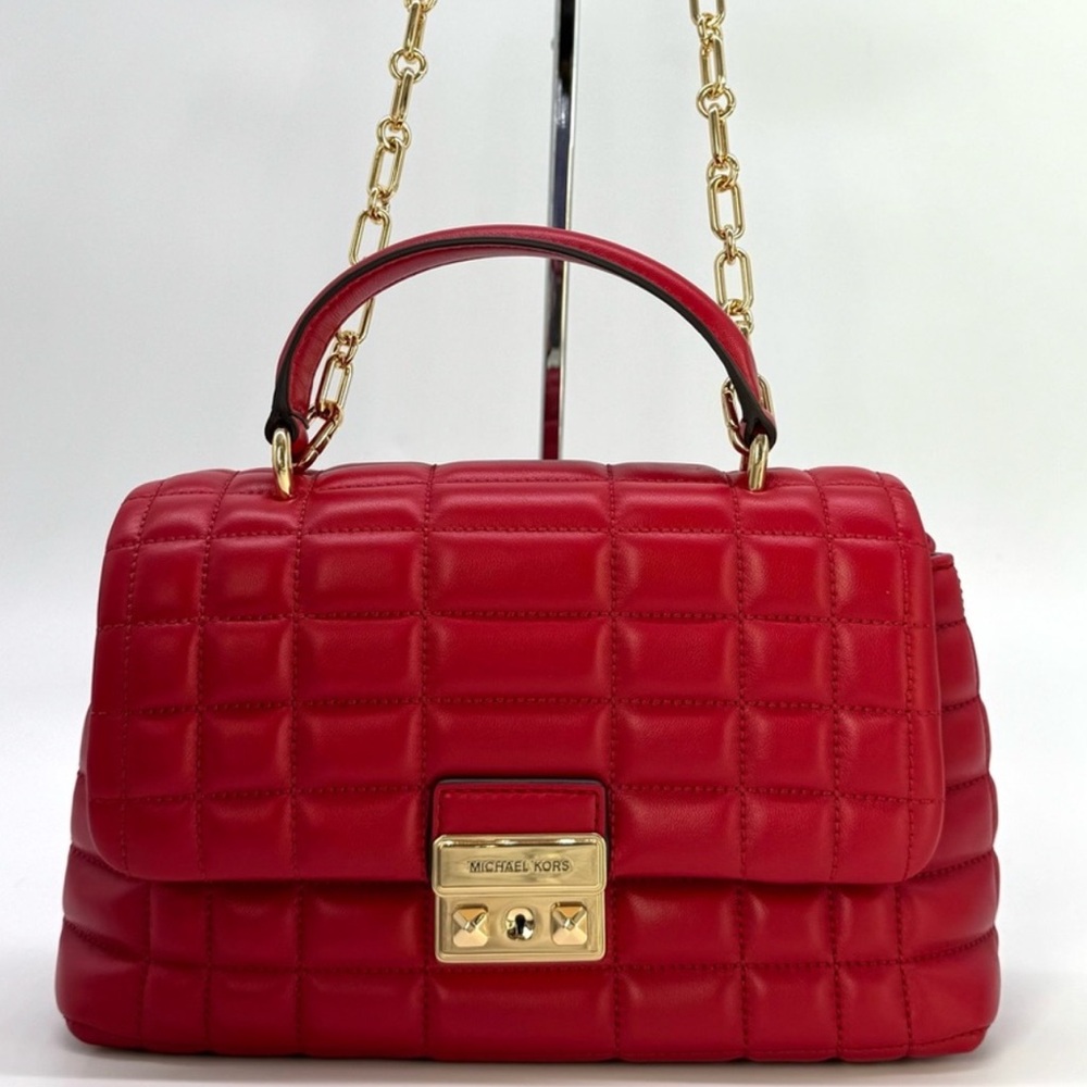 Michael Kors Tribeca Medium Quilted Leather Satchel Bag Crimson Red